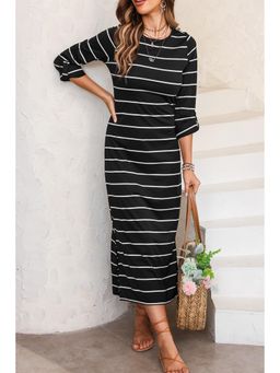 PARTIQ - Black Striped Casual Slit Long Dress