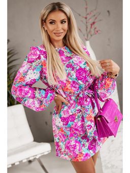 PARTIQ - Pink Floral Keyhole Back Long Sleeve Belted Dress