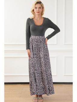 PARTIQ - Black Long Sleeve Fitted Bodice Leopard Maxi Dress