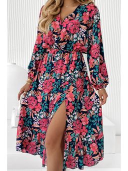 PARTIQ - Fiery Red and Black V-Neck Elastic High Waist Split Floral Dress