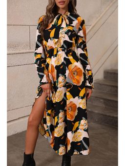 PARTIQ - Orange and Black Floral Print Tie Neck Long Sleeve Dress