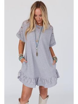 PARTIQ - Light Grey Lace Floral Patchwork Ruffled T-Shirt Dress