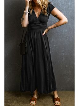 PARTIQ - Black Short Sleeve Shirred High Waist V-Neck Maxi Dress