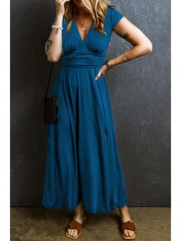 PARTIQ - Peacock Blue Short Sleeve Shirred High Waist V-Neck Maxi Dress
