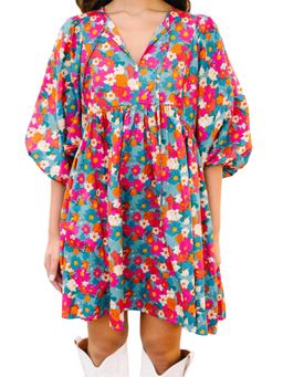 PARTIQ - Sky Blue Floral Print Tie Split Neck Bubble Sleeve Babydoll Dress