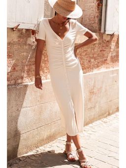 PARTIQ - Beige V Neck Ruched Button Front French T-shirt Dress