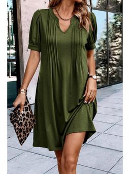 PARTIQ - Fern Green Notched Neck Pleated Puff Sleeve Shift T-Shirt Dress