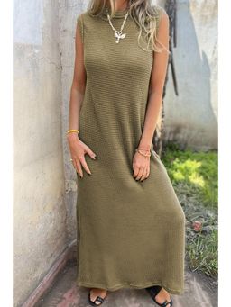 PARTIQ - Jungle Green Waffle Knit Sleeveless Long Dress with Slits
