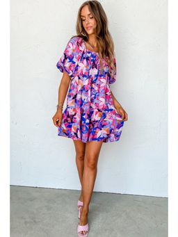 PARTIQ - Purple Flower Print Short Puff Sleeve Ruffled Dress