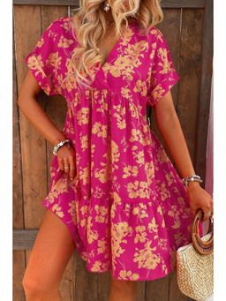 PARTIQ - Rose Floral Print Batwing Sleeve Smock Dress