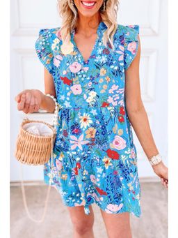 PARTIQ - Sky Blue Floral Flutter Sleeve Mandarin Neck Ruffled Dress