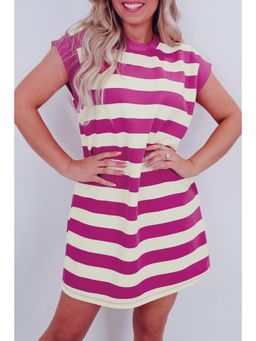 PARTIQ - Rose Stripe Cap Sleeve Pocketed Shift T-Shirt Dress