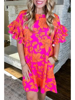 PARTIQ - Pink Voluminous Ruffled Sleeve Floral Dress