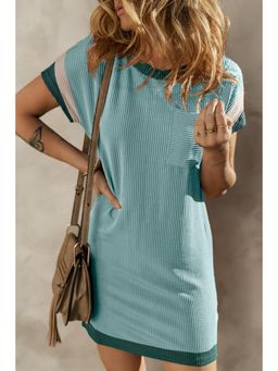 PARTIQ - Moonlight Jade Textured Colorblock Edge Patched Pocket T-Shirt Dress