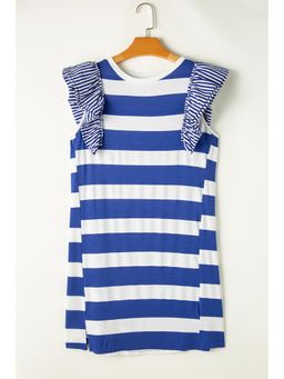 PARTIQ - Sky Blue Stripe Contrast Ruffled Sleeve T-Shirt Dress