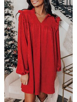 PARTIQ - Fiery Red Textured Ruffled Trim V-Neck Loose Fit Mini Dress