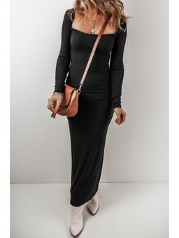 PARTIQ - Black Long Sleeve Square Neck Maxi Bodycon Dress