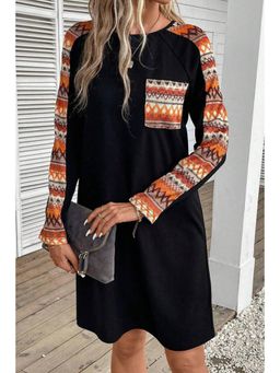 PARTIQ - Orange Contrast Geo Raglan Sleeve Patchwork Dress