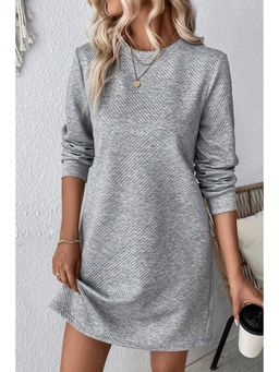 PARTIQ - Gray Solid Color Textured Long Sleeve Shift Dress