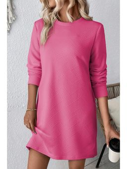 PARTIQ - Rose Red Solid Color Textured Long Sleeve Shift Dress