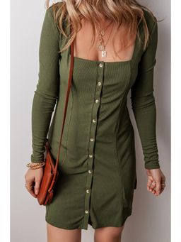 PARTIQ - Guacamole Green Rib Knit Square Neck Buttoned Long Sleeve Mini Dress