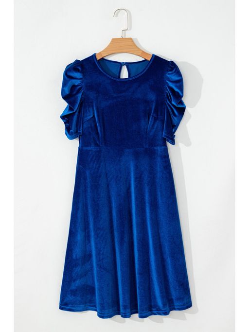 Buy PARTIQ Sail Blue Velvet Ruched Short Sleeve Pocketed Mini Dress (S)  Online