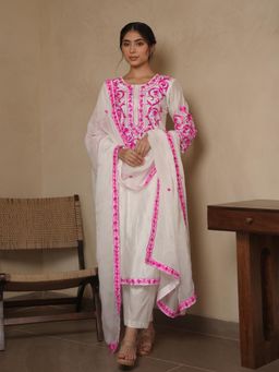 ONEWE INDIA - Women White Straight Embroidered Kurta with Pant and Dupatta (Set of 3)