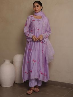 ONEWE INDIA - Women Lavender A-Line Embroidered Kurta with Pant and Dupatta (Set of 3)
