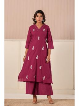 Do Dhaage - Women Pink A-Line Embroidered Kurta with Palazzo (Set of 2)
