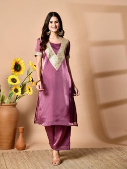 MYSHKA - Women Mauve Straight Solid Kurta with Pant (Set of 2)