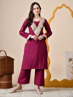 MYSHKA - Women Wine Straight Solid Kurta with Pant (Set of 2)