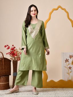 MYSHKA - Women Green Straight Solid Kurta with Pant (Set of 2)
