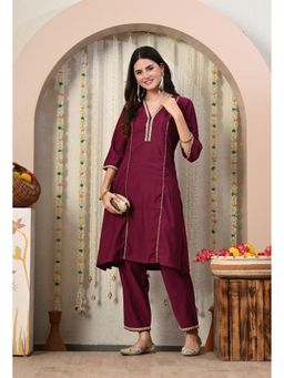 MYSHKA - Women Wine Straight Solid Kurta with Pant (Set of 2)