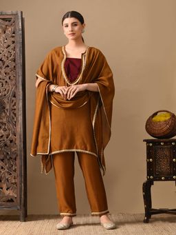 MYSHKA - Women Mustard Regular Colorblock Kurta with Pant and Dupatta (Set of 3)