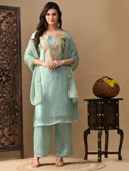 MYSHKA - Women Blue Straight Solid Kurta with Pant and Dupatta (Set of 3)