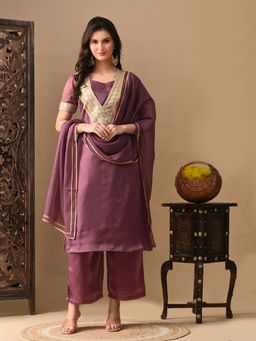 MYSHKA - Women Mauve Straight Solid Kurta with Pant and Dupatta (Set of 3)