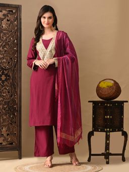 MYSHKA - Women Wine Straight Solid Kurta with Pant and Dupatta (Set of 3)