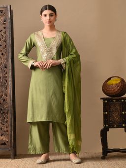 MYSHKA - Women Green Straight Solid Kurta with Pant and Dupatta (Set of 3)
