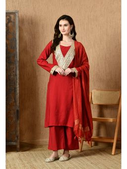 MYSHKA - Women Red Straight Solid Kurta with Pant and Dupatta (Set of 3)