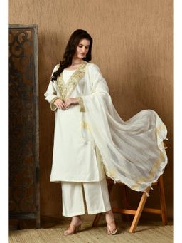 MYSHKA - Women White Straight Solid Kurta with Pant and Dupatta (Set of 3)
