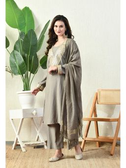 MYSHKA - Women Grey Straight Solid Kurta with Pant and Dupatta (Set of 3)