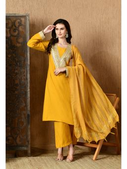 MYSHKA - Women Mustard Straight Solid Kurta with Pant and Dupatta (Set of 3)