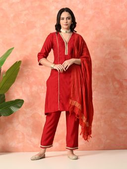 MYSHKA - Women Red Straight Solid Kurta with Pant and Dupatta (Set of 3)