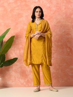 MYSHKA - Women Mustard Straight Solid Kurta with Pant and Dupatta (Set of 3)