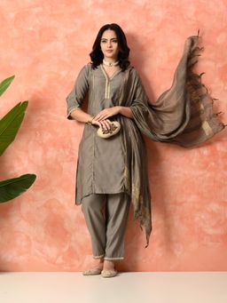 MYSHKA - Women Grey Straight Solid Kurta with Pant and Dupatta (Set of 3)