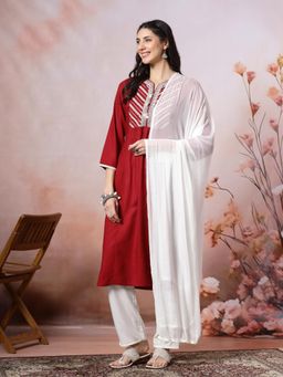 Nayam by lakshita - Women Red A-Line Embroidered Anarkali Kurta with Pant and Dupatta (Set of 3)