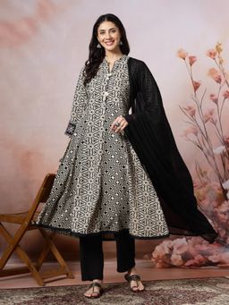 Nayam by lakshita - Women Black A-Line Geometric Anarkali Kurta with Pant and Dupatta (Set of 3)