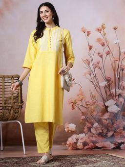 Nayam by lakshita - Women Yellow Straight Embroidered Kurta with Pant (Set of 2)