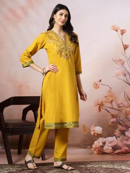 Nayam by lakshita - Women Mustard Straight Embroidered Kurta with Pant (Set of 2)