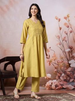 Nayam by lakshita - Women Mustard A-Line Floral Anarkali Kurta with Pant and Dupatta (Set of 3)